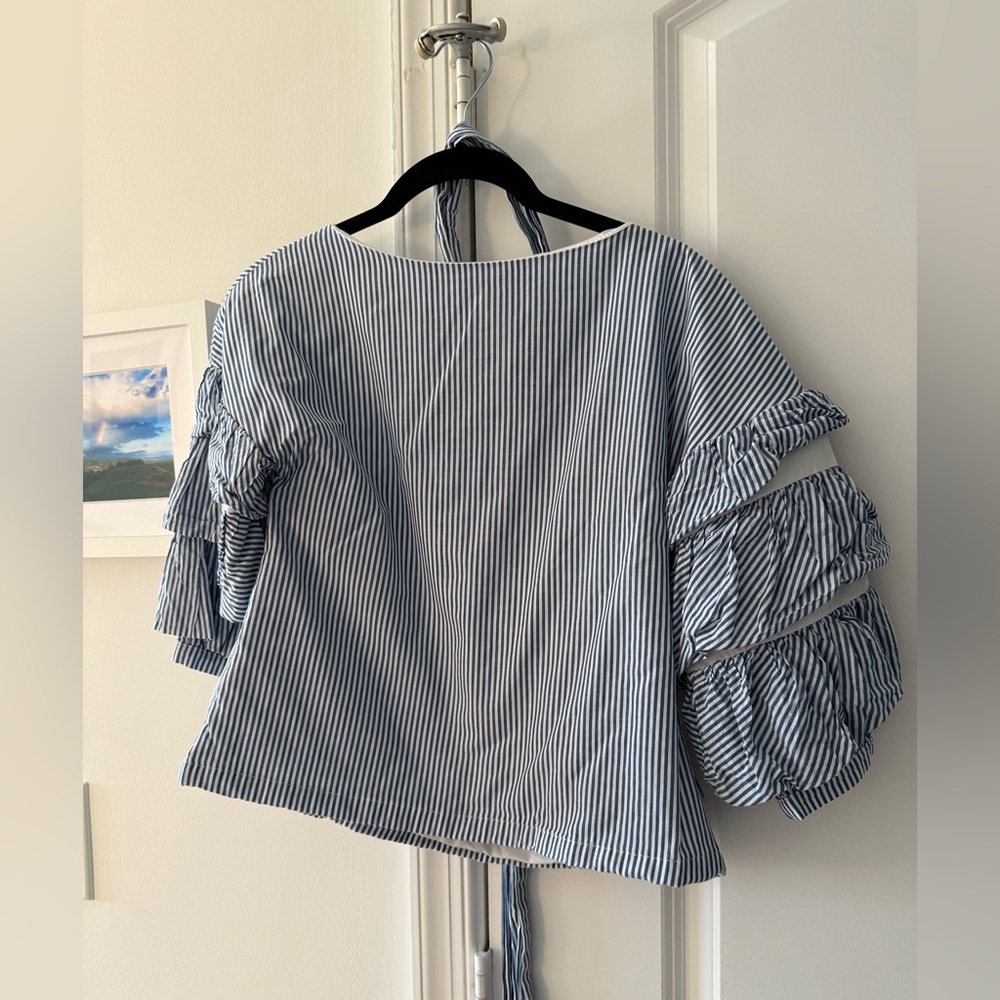 English Factory blue and white striped ruffle top